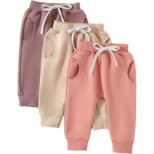 Toddler Baby Boys Girls Sweatpants 3 Pack Solid Color Elastic Waist Bottom Pants Newborn Infant Trousers