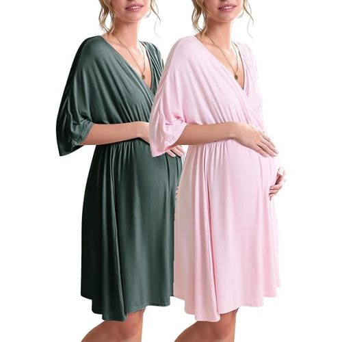 Ekouaer 3 in 1 Labor/Delivery/Hospital Gown 2 Pack Maternity Dress Nursing Nightgown Sleepwear