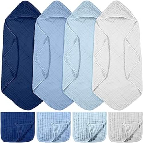 VitalCozy 8 Pcs Baby Muslin Hooded Bath Towels and Washcloths Muslin Cotton Hooded Baby Towels Absorbent Blankets for Gift Newborn Infant Shower (32 x 32 Inch,Gradient Blue)
