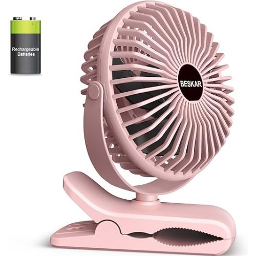 BESKAR Portable Clip on Fan Rechargeable, 4 Speeds Small Battery Operated Fans, USB Desk Fan with Strong Airflow, Sturdy Clamp Fans for Golf Cart Office Outdoor Travel Camping