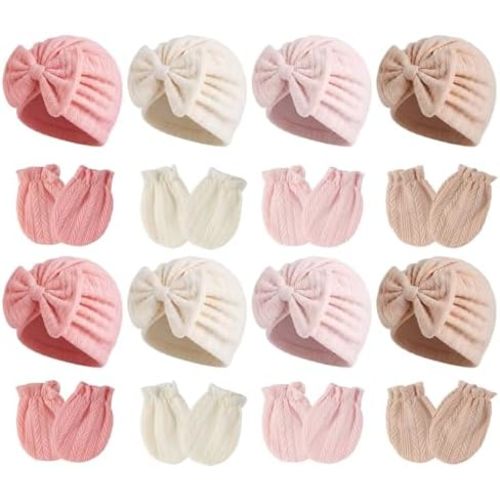 8 Sets Newborn Baby Hats & Mittens Cotton Preemie Infant Bow Beanies Caps Gloves Hospital New Born Boy Girl 0-3 Month