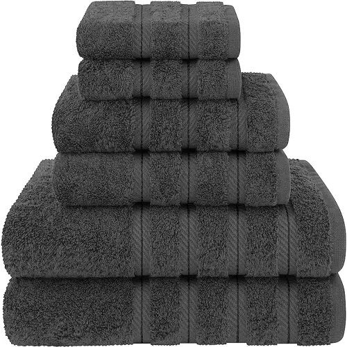 American Soft Linen Luxury 6 Piece Towel Set, 2 Bath Towels 2 Hand Towel 2 Washcloths, 600 GSM 100% Cotton Turkish Towels for Bathroom, Dark Gray Towel Sets