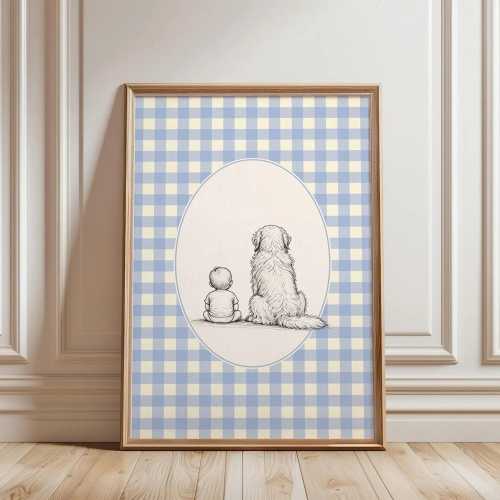 Baby and Dog Nursery Art, Blue Gingham Golden Retriever Poster