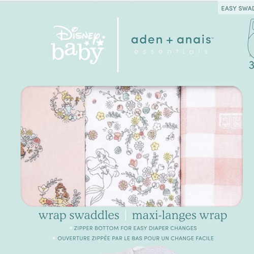 aden + anais Essentials Easy Swaddle Wrap Quick Change with Bottom Zipper, Snug Cotton Knit Baby Wrap Swaddle Blanket for Newborns, TOG 1.0, 3-Pack, Disney Princess, 0-3 Months, Small/Medium