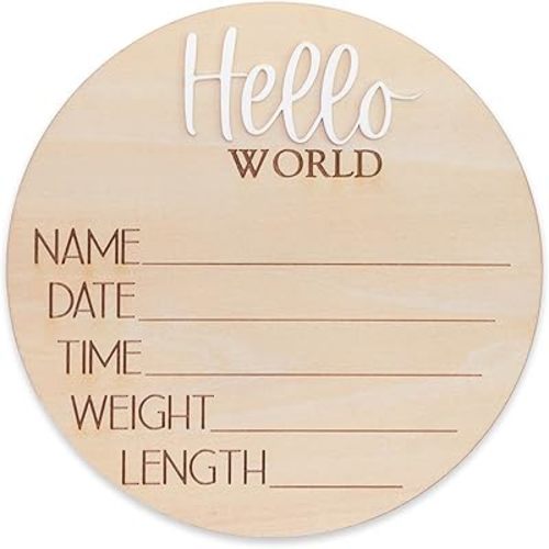 Hello World Wooden Baby Birth Announcement Sign, Newborn Name Date Time Weight Length Board, Neutral Nursery Decor Photo Prop Keepsake (White)