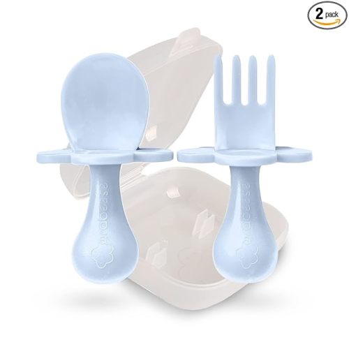 Grabease Baby Spoon & Fork Set with Case - Ergonomic Baby Utensils for Tiny Hands - Short Spoons for Self-Feeding - Training Fork for Toddlers - Ice Blue, Pack of 1