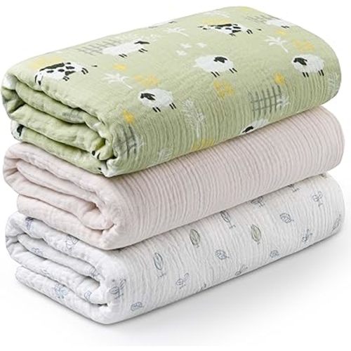 Muslin Swaddle Blankets for Newborn, 3 Pack Breathable Soft Receiving Blanket, Large 38 x 40 inches Swaddle Wrap Burping Clothes Diapers, Essentials Infant Shower Items, Toddler Gift (Cute Farm)