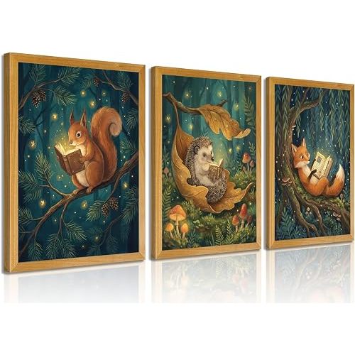 3Pcs Woodland Animal Nursery Wall Art Fox Hedgehog Squirrel Reading Poster