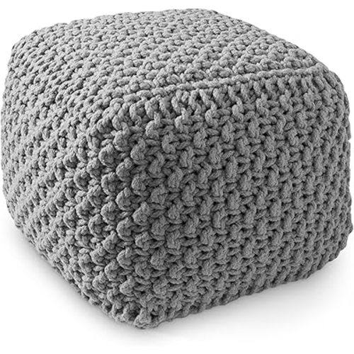 Casafield Square Pouf Ottoman, Light Gray 18.5" W x 18.5" D x 14.5" H Cotton Knit Foot Stool - Boho Floor Pouffe for Living Room, Bedroom, Home Office