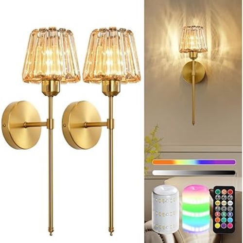 Battery Operated Crystal Wall Sconce Set of 2, Amber Rechargeable Wireless Wall Sconces with Remote Dimmable 12 Colors Modes Led Wall Lights for Bedroom Living Room Hallway, 2 Bulbs Included