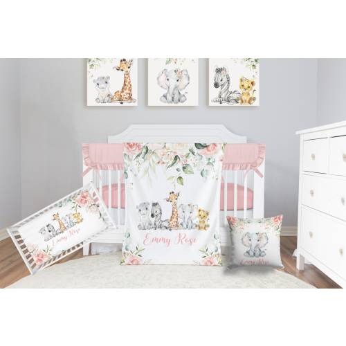 Safari Crib Bedding Set, Personalized Baby Girl Blanket, Safari Animal Nursery Set Baby Girl Bedding Set Safari Crib Sheet, Elephant Bedding