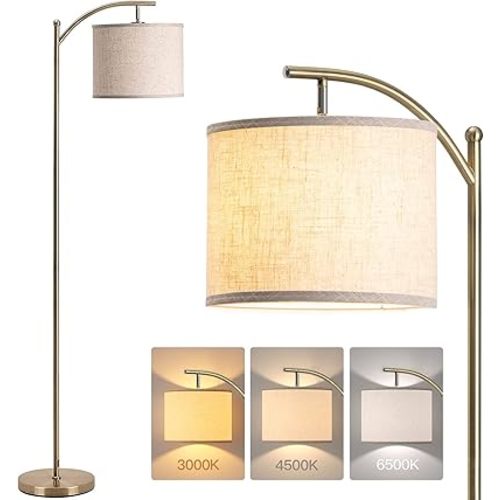 addlon Floor Lamp for Living Room with 3 Color Temperatures, Standing lamp with Linen lampshade for Bedroom, Office, Lamps with 9W LED Bulb Included - Brass Gold with Beige Shade