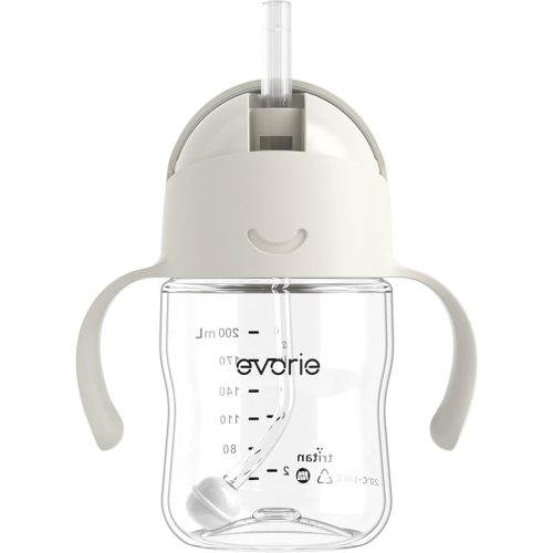 Evorie Tritan Weighted Straw Sippy Cup with Handles for Baby and Toddlers, Spill Proof Baby Water Bottle with Straw for 6 months and up, 7 Oz, Infant Training Water Bottle (Cream Beige)