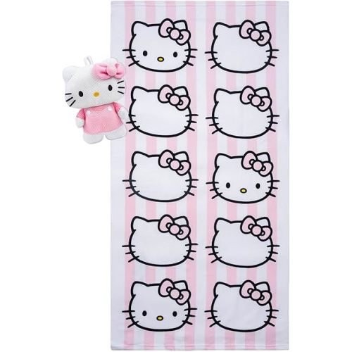 Jay Franco Hello Kitty Bath Towel & Bath Buddy Set - Bathtub Accessories - Includes 25 x 50 Inch Microfiber Towel 10 Inch and White Kitty Water Play Buddy