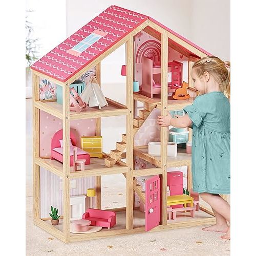 Tiny Land Wooden Dollhouse for Girls - 6 Rooms Wooden Doll House, DIY Pretend Doll House with 31Pcs Furniture Accessories, Creative Gift for Girl Ages 3+