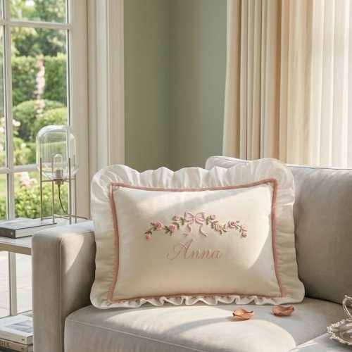 Embroidered Baby Name Pillow | Handmade Ruffle Linen Nursery Decor
