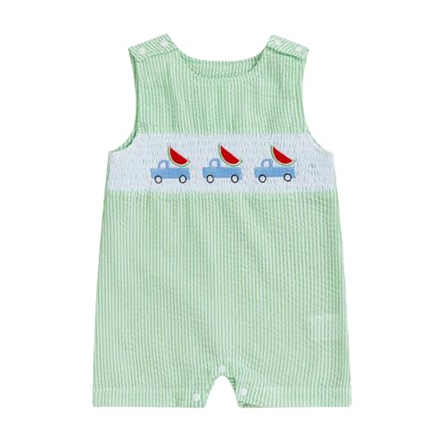 Newborn Baby Boys Sleeveless Seersucker Romper One Piece Straps Overalls Striped Jumpsuit Summer Smocked Clothes
