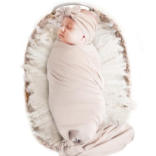 Konssy Baby Girl Newborn Receiving Blanket with Headband Set Baby Swaddle Nursery Swaddle Wrap(Oat)