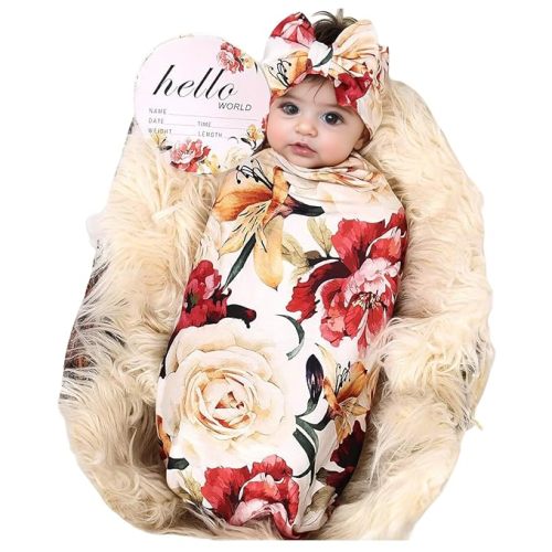 Galabloomer Receiving Blanket Headband Set Flower Print Baby Swaddle Blankets