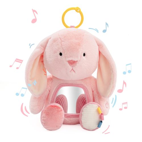 Koty Musical Tummy Time Toy Baby Mirror Toy 3 Years Old  Infant Sensory Toy with Crinkle Sounds  Textures  Mirror & Melody Music Box for Tummy Time and Self-Discovery (Pink Rabbit)