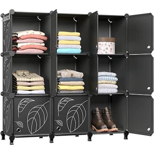 GREENSTELL Closet Organizer, 9 Cube Storage Organizer with Doors, Portable Closet Storage Shelves, Modular Bookcase Closet Cabinet for Clothes, Books, Toys, Artworks (11.8x11.8x11.8 inch), Black