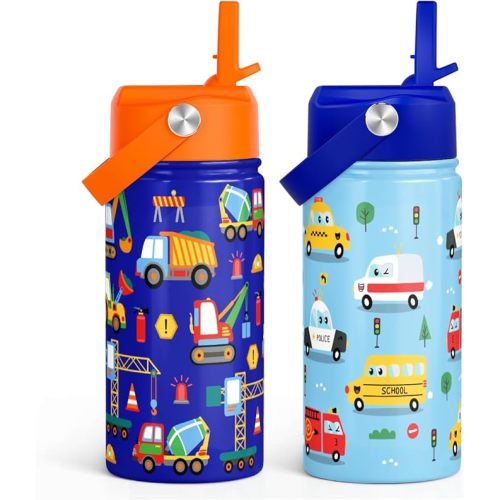 SANDJEST Kid Water Bottle 12oz with Straw Lid - 2-Pack Insulated Stainless Steel Water Bottles for Kids Boys Girls - Travel Cup for School Sports, Construction & Transportation