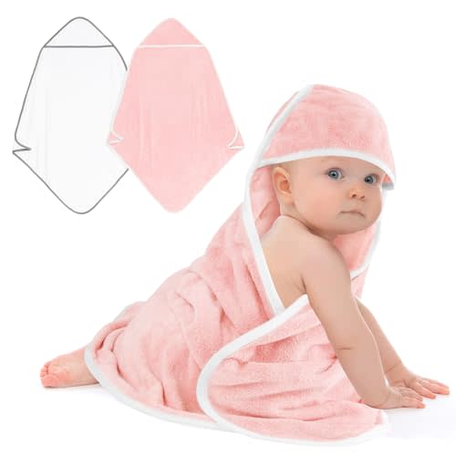 UNIMADE Hooded Towel for Newborn, 2 Pack Soft Coral Fleece Baby Towels, Ultra Absorbent Bath Cloths Bulk for Infants, Toddlers, Newborn Essential- 30 x 30 inch - Pink & White