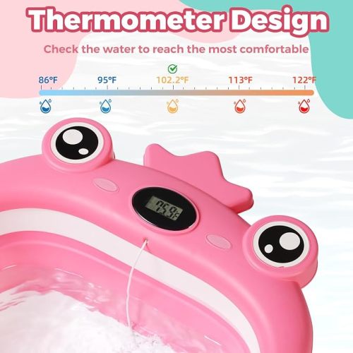 Baby Bathtub,Collapsible Baby Bath Tub with Soft Cushion & Thermometer, Space Saving Foldable & Travel Newborn Bathtub for Infant to Toddler 0-36 Months, Frog Beige
