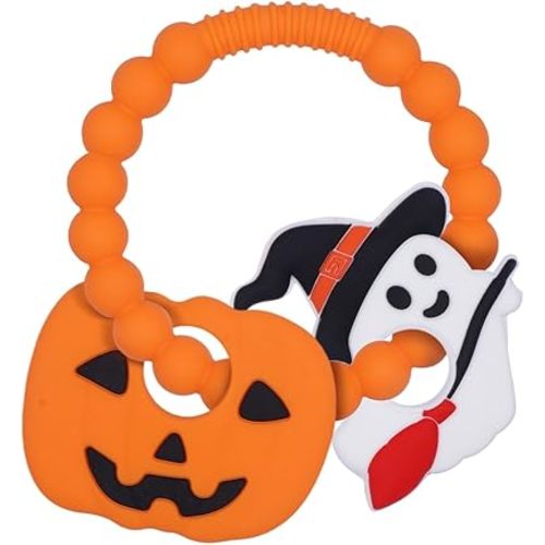Silicone Baby Ring Toy with Pumpkin Ghost Teethers,Must Haves Teething Relief Chew Toys for 0-6,6-12 Months Boys and Girls,Newborns Essentials,Safe and Soft,BPA Free. (Halloween)