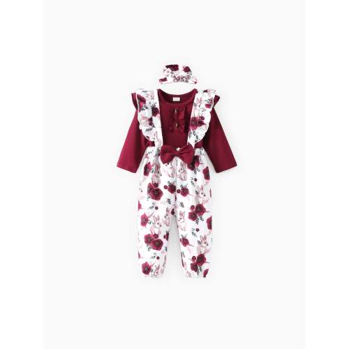 Baby Girl 3pcs Sweet Solid Romper and Floral Print Ruffled Overalls with Headband Set Burgundy