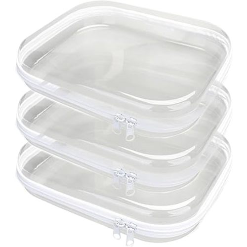 3PCS Clear Hard Plastic Zipper Case, Double Zippers Hard Pouch, Portable Travel Organizer Bin Clear Makeup Bag for Toy Storage, Snack Bag, Cosmetics, Diaper Bag, Toiletry Bag (3PCS-M)