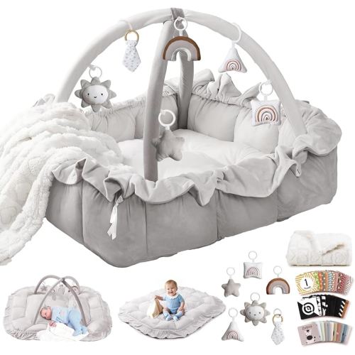 5-in-1 Plush Baby Play Gym, Baby Play Mat, Convertible Baby Gym with Blanket and 6 Toys, Tummy time mat, Baby Activity Center from Newborn to Toddler, Baby Gym, Ball Pit, Baby Newborn Essentials, Grey