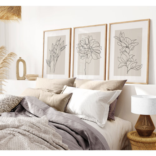 Floral & Botanical Wall Art Prints 3 Panel SET Beige Neutral Bohemian Posters Living Room Bedroom Office Home Décor Gift Boho Plants Leaves