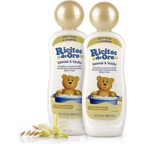 Ricitos de Oro Baby Shampoo & Body Wash with Oatmeal & Vanilla | Gentle Baby Wash for Sensitive Skin | Moisturizing Formula for Hair & Skin | 13.5 Fl Oz Bottles | 2-Pack