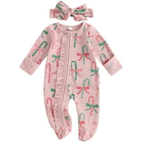 Newborn Baby Girl Christmas Outfit Bow Candy Cane Footed Romper Headband Infant My First Xmas Jumpsuit