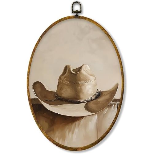 shiviody Cowboy Hat Canvas Wall Art Decor, Western Bohemia Farmhouse Wall Decor, Southwestern Cowboy Hat Oval Hanging Frame Prints Decorations for Western Bedroom Bathroom 8.6"x11.4"