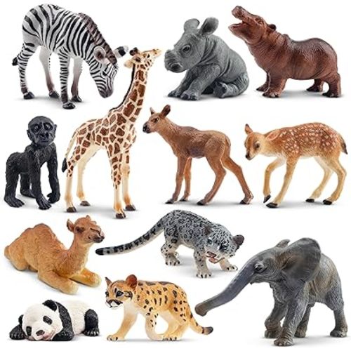 Toymany 12PCS Forest Animals Baby Figurines, Realistic Woodland Animals Figures Toys Includes Elephant, Mountain Lion, Giraffe and Deer Cubs, Cake Toppers Christmas Birthday Gift for Kids Toddlers