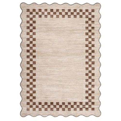 Washable Modern Scalloped Border Bedroom Living Room Rugs, Low Pile Non Slip Floor Carpet for Home