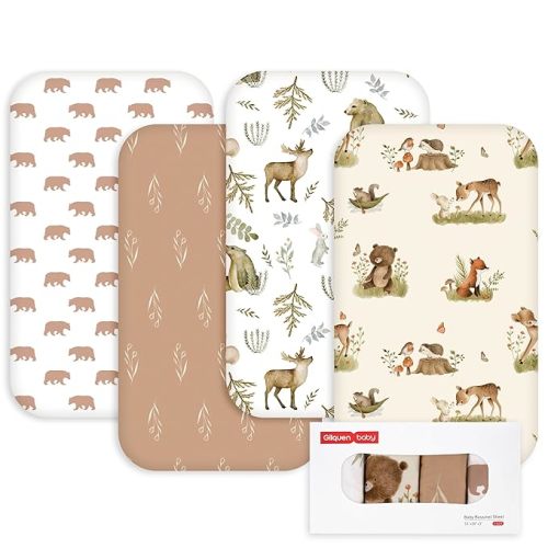 Gllquen Baby Bedside Sleeper Sheets 33x20 Inch 4 Pack - Fitted Crib Mattress Covers, Ultra Soft Oeko-TEX Certified Bassinet Sheets for Girls Boys, Gift Ready Box for Baby Shower (Bear)