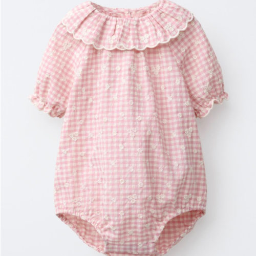 GINGHAM BODYSUIT WITH EMBROIDERED FLOWERS - Pink / White | ZARA United States