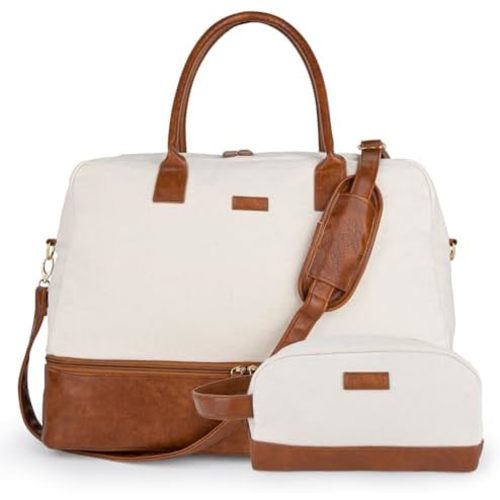 MyMealivos Canvas Weekender Bag, Overnight Travel Carry On Duffel with Shoe Pouch (Ivory)