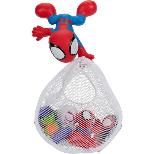 Marvel Spidey and His Amazing Friends Bath Toy Set - Spidey Wall Mount with Web Net and Four Bath Squirters