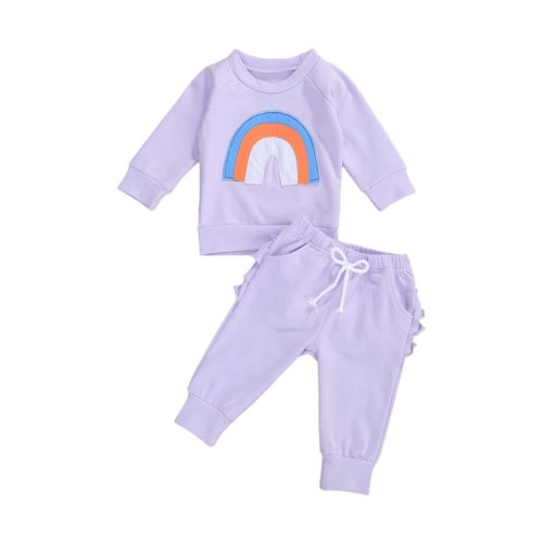 Canrulo Infant Toddler Baby Girls Clothes Rainbow Long Sleeve Sweat Shirt Tops Pants 2PCS Outfits Fall Winter Clothting Light Purple 0-6 Months