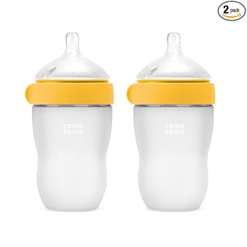 Comotomo Silicone Baby Bottle Gen 2 – 2026 Release (8oz) – Soft, Wide-Neck Bottle for Comfortable Feeding (6-12 Months) with Dual Anti Colic Vents (Includes Medium Flow Nipples), Yellow (Double Pack)
