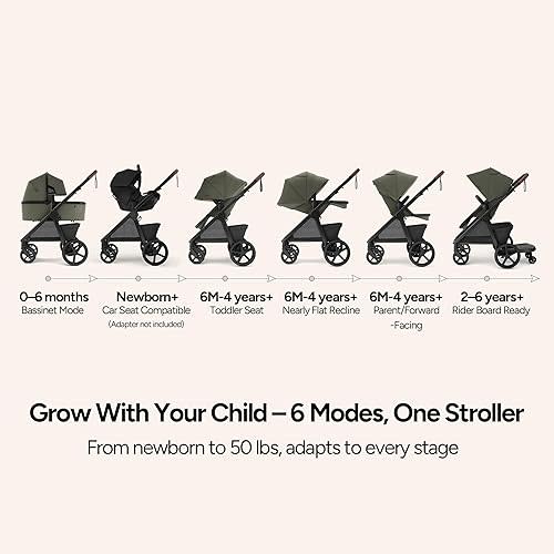 Mompush Ultimate 3 Baby Stroller with Bassinet, Convertible Full-Size Stroller for Newborn to 50 lbs – 11.8" All-Terrain Wheels; Four-Wheel Suspension; Reversible Extendable Seat; One-Second Fold