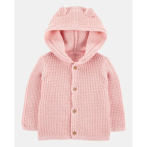 Baby Hooded Waffle Knit Cardigan - Pink