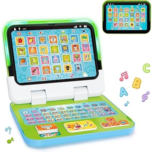 Learning Toy for Kids 1 2 3 Year Old Boys Girls, Learning Laptop for Toddlers 1-3, Interactive Educational Toys with Music Sounds Lights, Christmas Birthday Gifts for Baby Kids Age 12-18 Months, Green