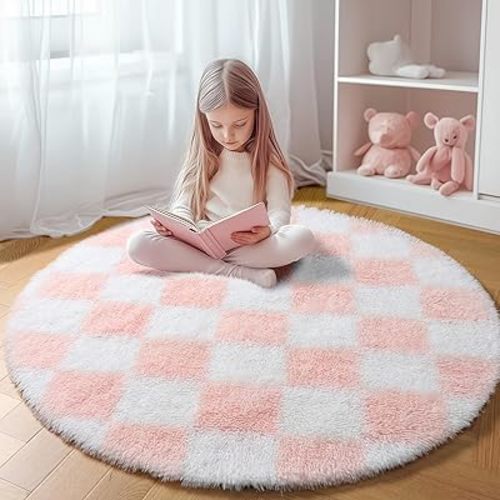 KICMOR Pink Round Rugs 5ft for Girls Bedroom, Fluffy Soft Checkered Circle Area Rug Cute Fuzzy Shag Shaggy Living Room Carpet, Indoor Plush Circular Rug for Kids Room Nursery Home Decor Aesthetic