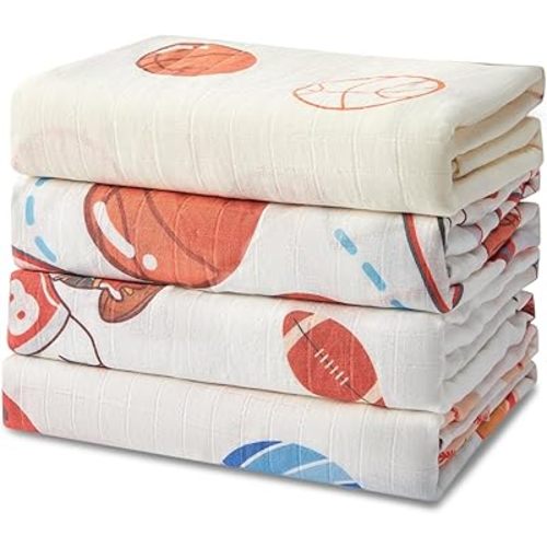 Muslin Swaddle Blankets for Newborn, 4 Pack Soft Breathable Receiving Baby Blanket Large 47 x 47 inches, Lightweight Cozy Swaddling Wrap, Ideal Infant Gift for Boys & Girls (Little Sports)
