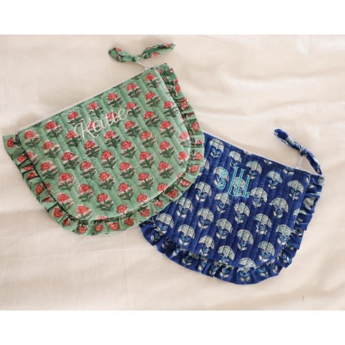 Personalized Zipper Pouch | Block Print Cosmetic Bag Bridesmaid Gift | Ruffled Travel Clutch | Custom Embroidered Toiletry Bag for Women